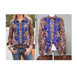 Sundance Button Up Shirt Blue Brown Women M Western Cowgirl Embroidered Beaded